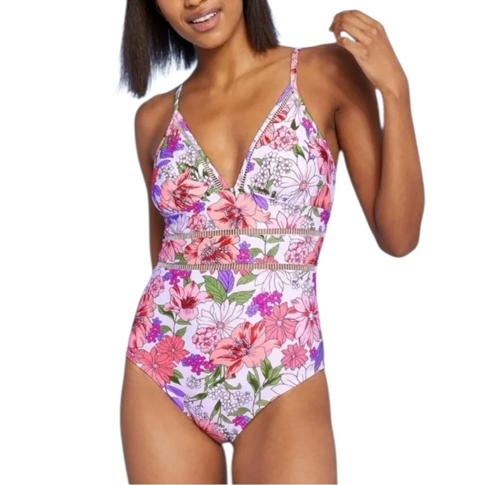 Kona Sol women’s ladder trim One Piece swimsuit multi color floral size LARGE